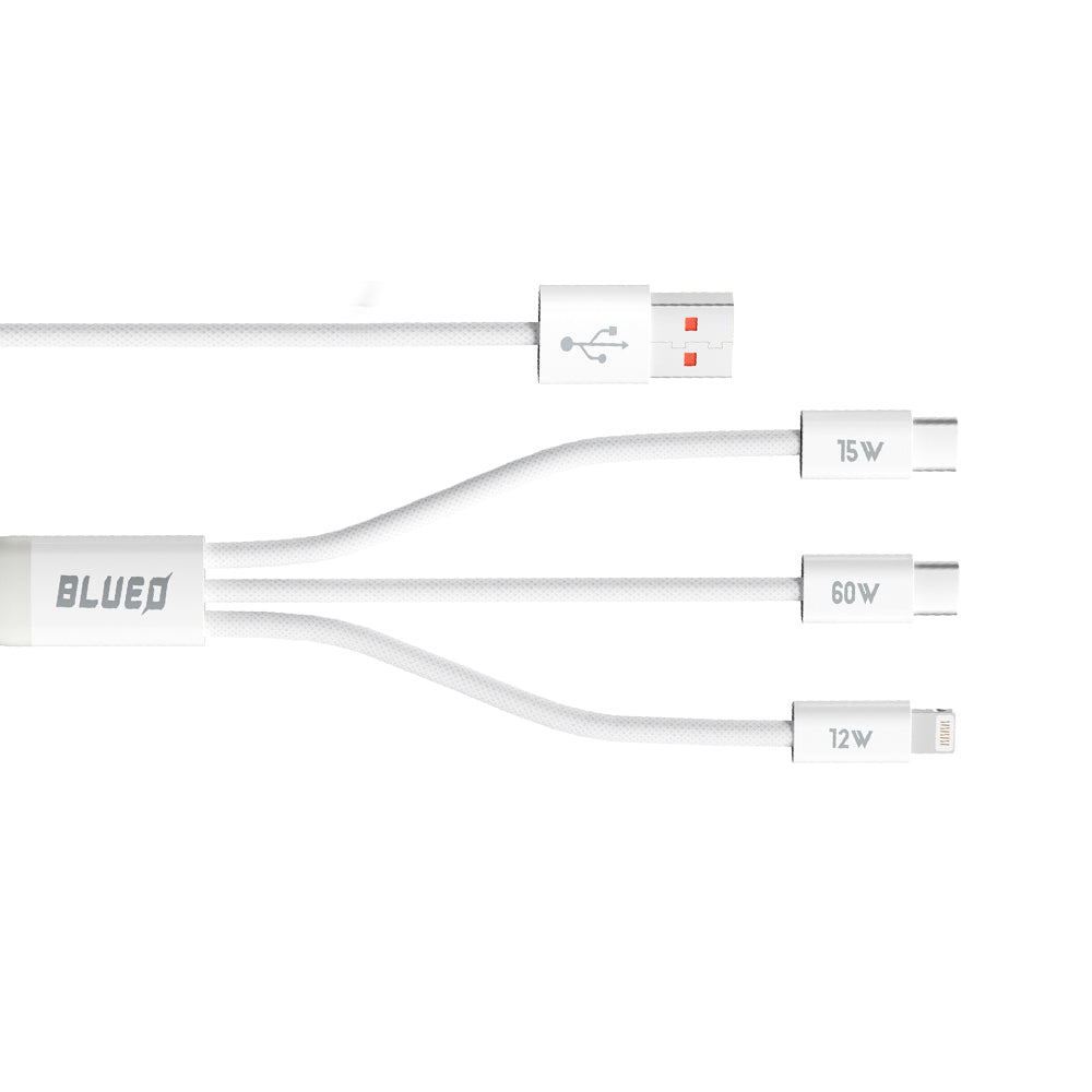 USB-A - Lightning / 2 x USB-C Blueo -latauskaapeli, 75W, 1.2m, Valkoinen