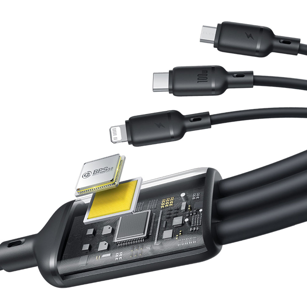 USB-A - Lightning / microUSB / USB-C Baseus Silky 3in1 -latauskaapeli, 100W, 1.5m, Musta P10377705123-00