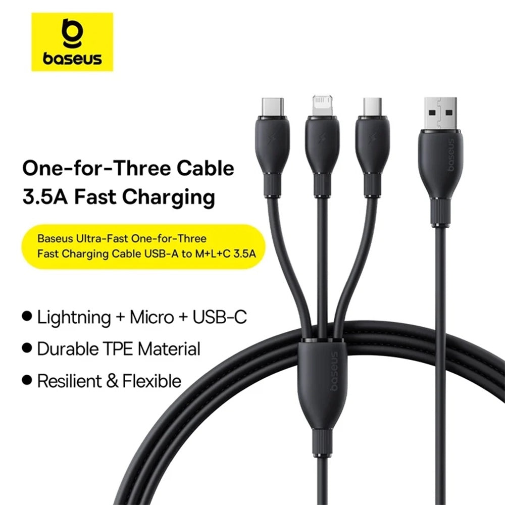 USB-A Charging Cable - Lightning / microUSB / USB-C Baseus Ultra Fast 3in1, 18W, 1.3m, Black P10376303121-00
