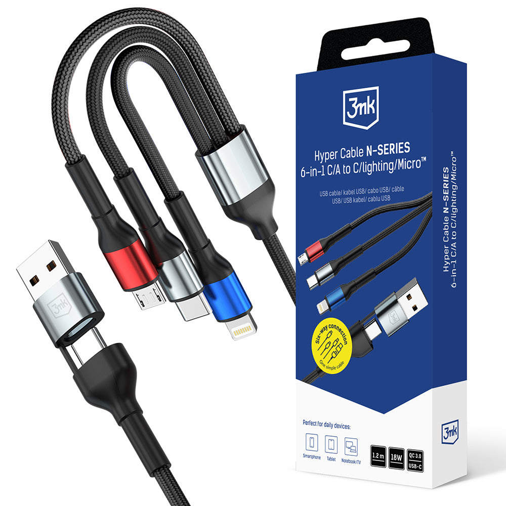 USB-A / USB-C Charging Cable - Lightning / microUSB / USB-C 3MK Hyper N, 18W, 1.2m, Black