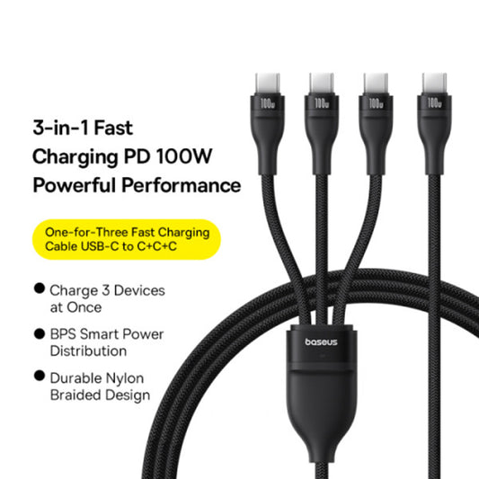 USB-C latauskaapeli - 3 x USB-C Baseus Flash Series III 3in1, 100W, 1.5m, Musta P10377503111-00