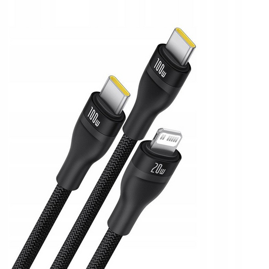 USB-C - Lightning / 2 x USB-C Baseus Flash Series III 3in1 latauskaapeli, 100W, 1,5m, musta, uudelleenpakattu P10377502111-00