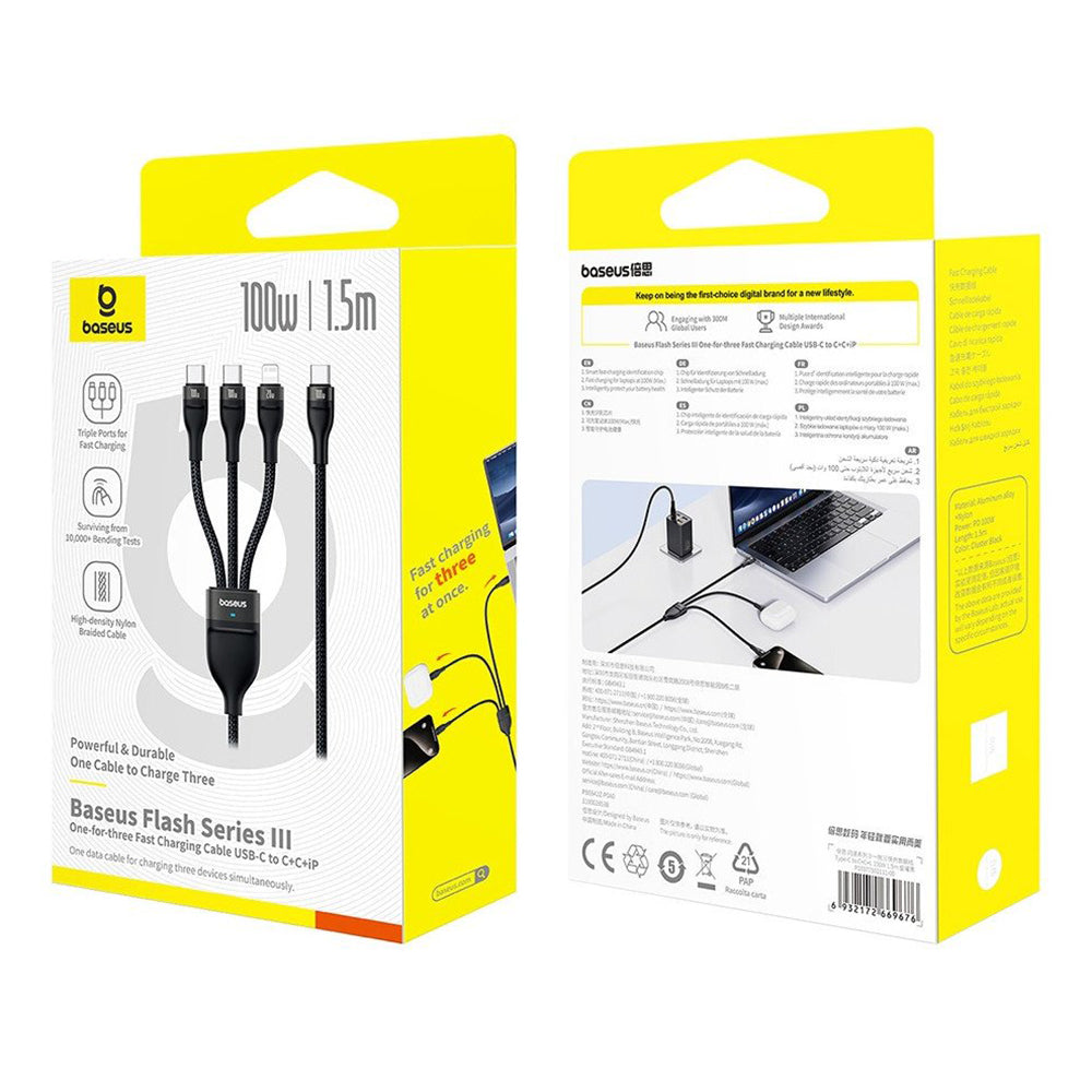 USB-C - Lightning / 2 x USB-C Baseus Flash Series III 3in1 -latauskaapeli, 100W, 1.5m, Musta P10377502111-00
