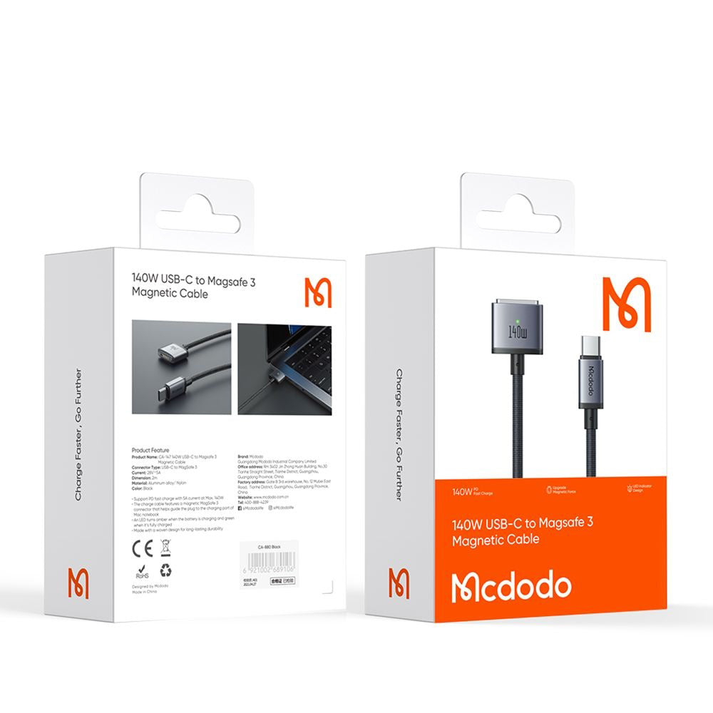 McDodo CA-1470 latauskaapeli, USB-C - MagSafe 3, 140W, 2m, Musta