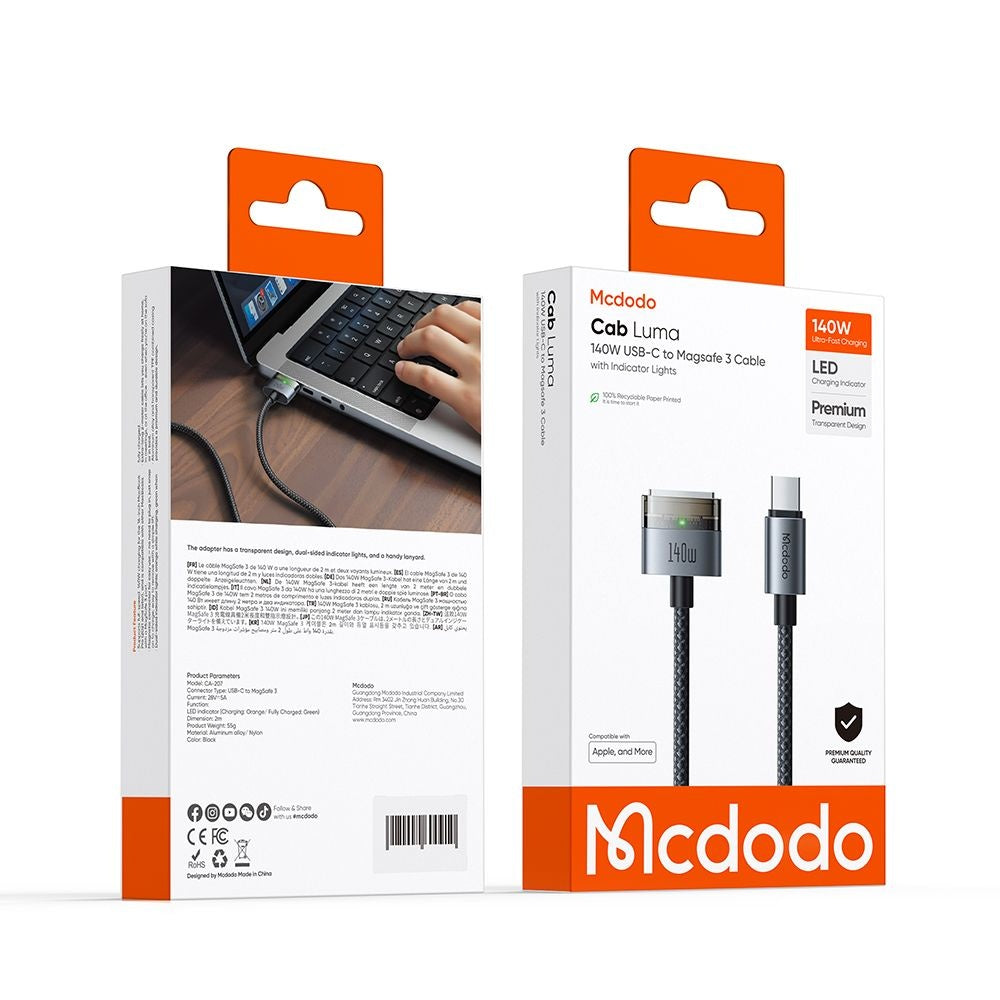 McDodo CA-2070 latauskaapeli, USB-C - MagSafe 3, 140W, 2m, Musta