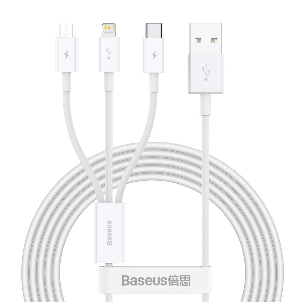 Latauskaapeli USB-A - Lightning / microUSB / USB-C Baseus Superior 3in1-sarja, 20W, 1,2m, valkoinen CAMLTYS-02 