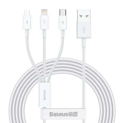 Latauskaapeli USB-A - Lightning / microUSB / USB-C Baseus Superior 3in1-sarja, 20W, 1,2m, valkoinen CAMLTYS-02 