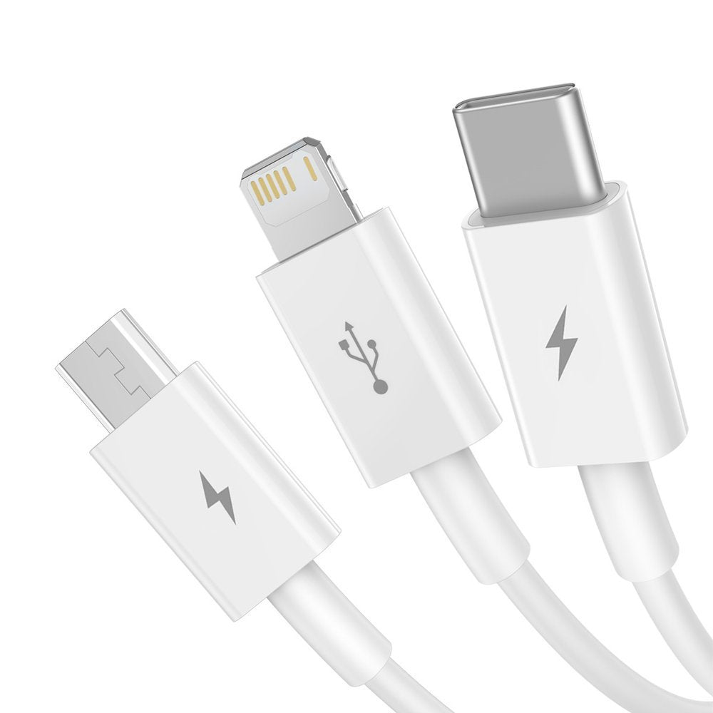 Latauskaapeli USB-A - Lightning / microUSB / USB-C Baseus Superior 3in1-sarja, 20W, 1,2m, valkoinen CAMLTYS-02 