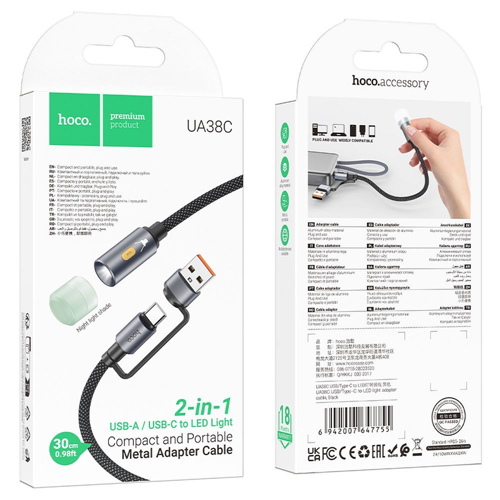 HOCO UA38C Led-kaapeli, USB-C / USB-A, 0,3 m, Musta