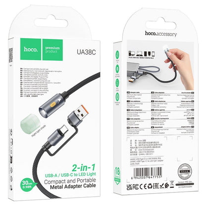 HOCO UA38C Led-kaapeli, USB-C / USB-A, 0,3 m, Musta