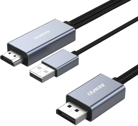 Benfei Video-kaapeli, HDMI / USB-A - DisplayPort, 4K, 1,8 m, Harmaa