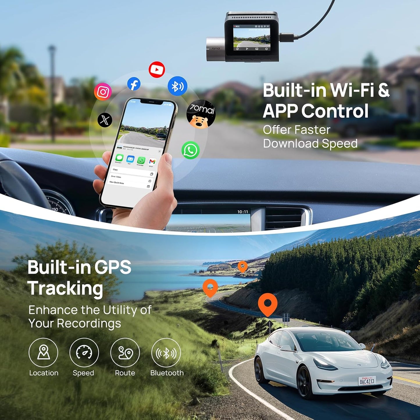 70mai Dash Cam A510 -autokamera, 3K, GPS, Wi-Fi, 2 tuuman näyttö 2AOK9-A510
