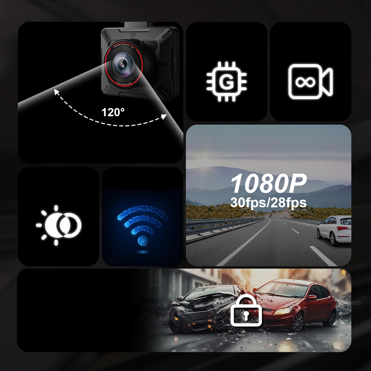 Akeeyo P1 Autokamera, 1080P, Wi-Fi
