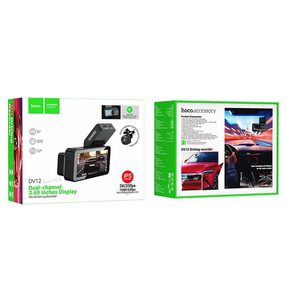 HOCO DV12 Etu- ja Takakamera, 2K, Wi-Fi, GPS, 3.69 tuuman näyttö