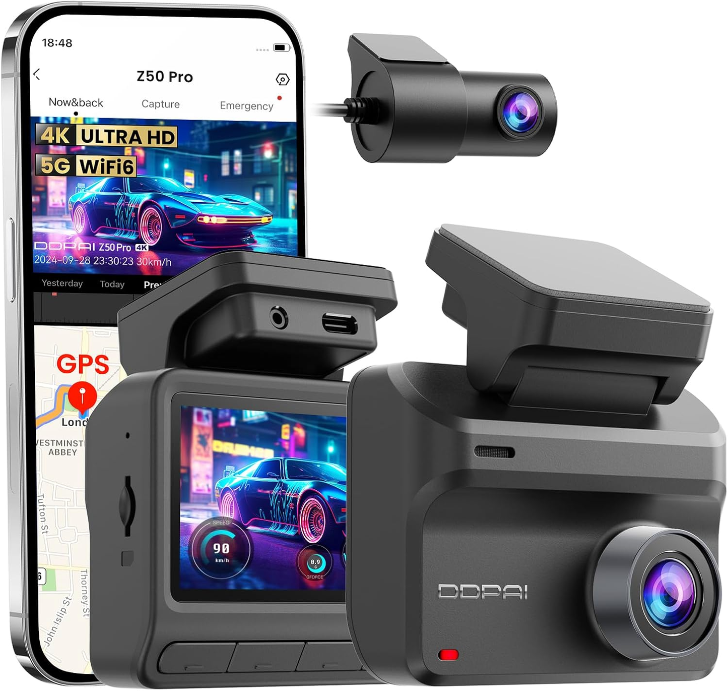 DDPAI Z50 Pro Dual -etukamera ja -takakamera, 4K, Wi-Fi, GPS, 3 tuuman näyttö