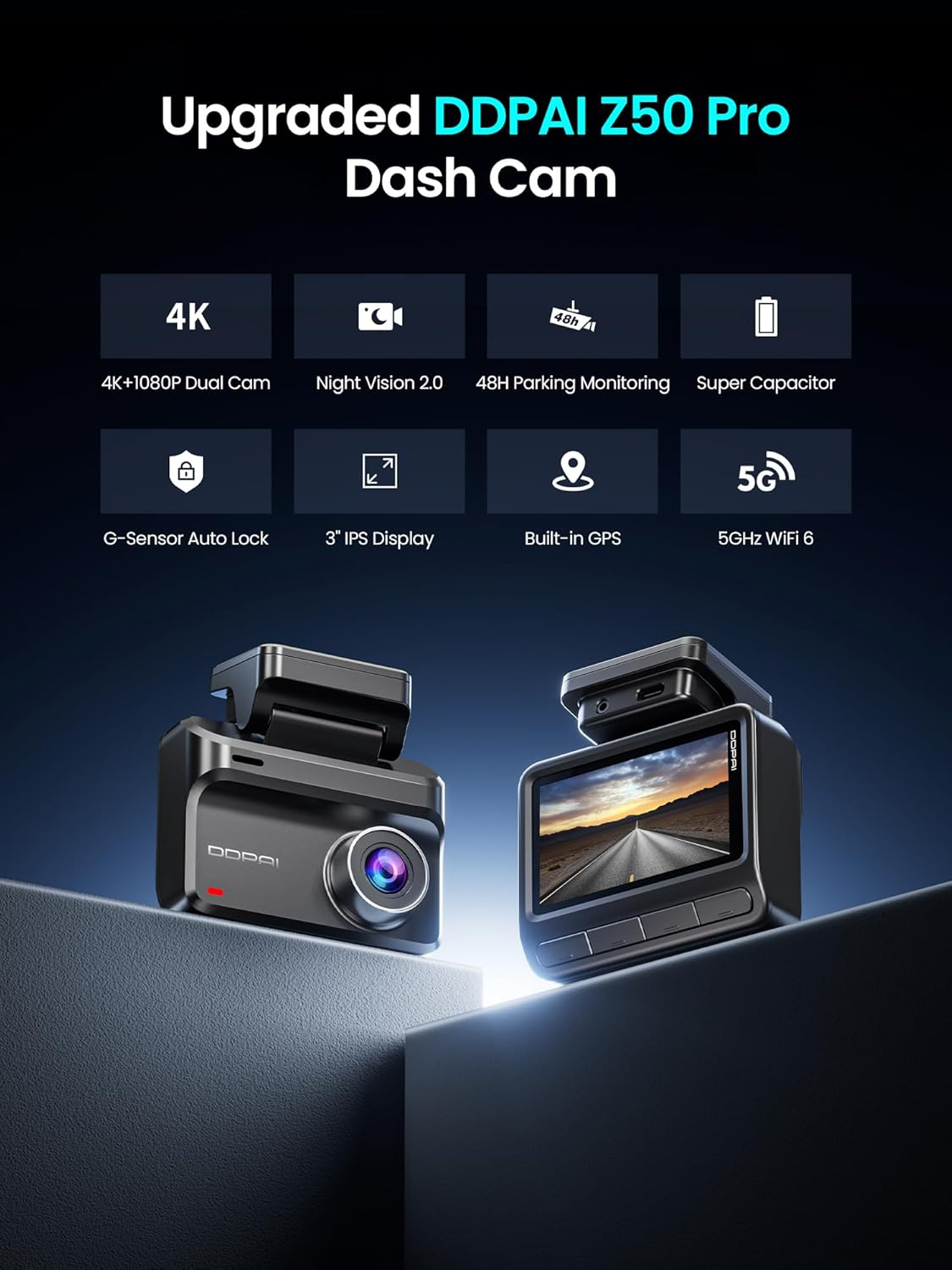 DDPAI Z50 Pro Dual -etukamera ja -takakamera, 4K, Wi-Fi, GPS, 3 tuuman näyttö