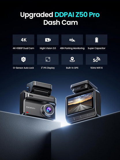 DDPAI Z50 Pro Dual -etukamera ja -takakamera, 4K, Wi-Fi, GPS, 3 tuuman näyttö