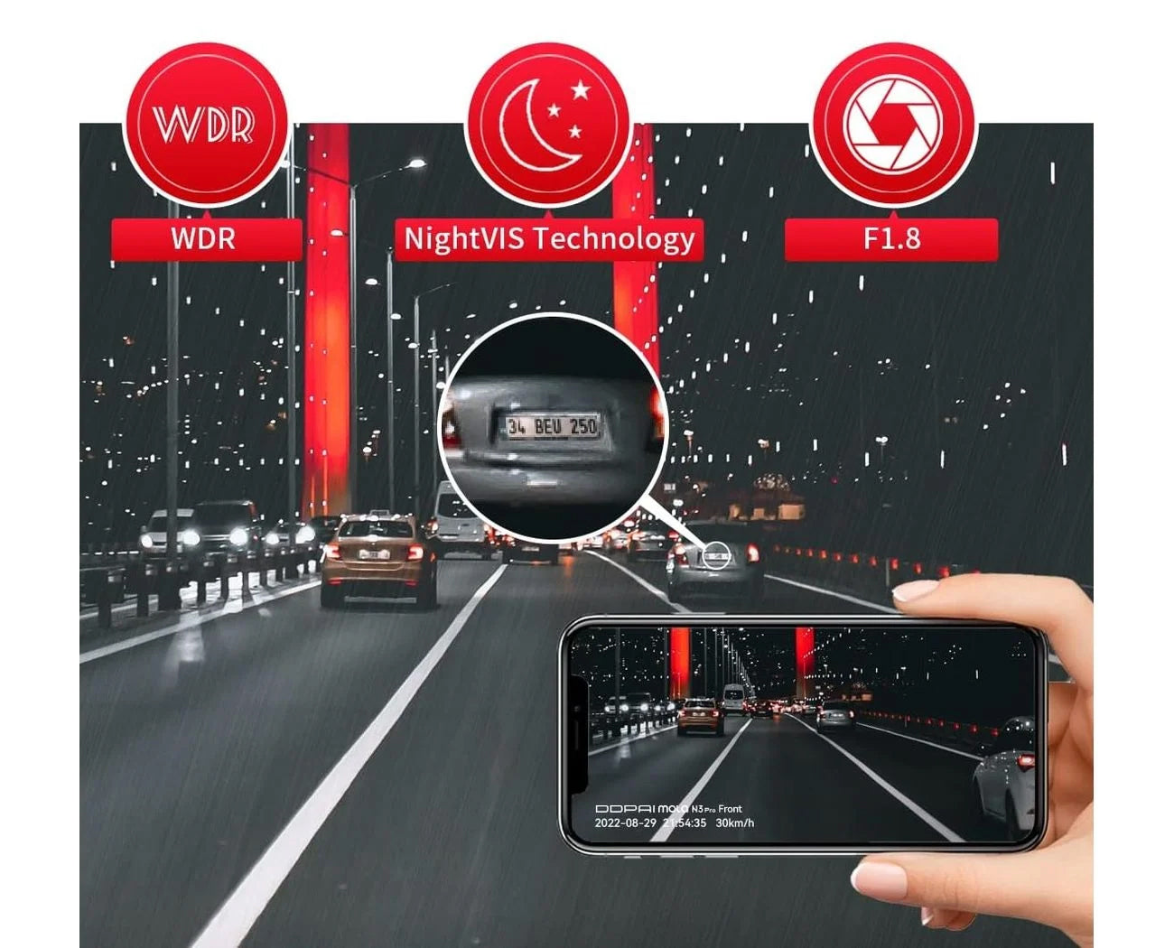Etu- ja takakamera DDPAI mola N3 Pro 2026, 1600P, Wi-Fi