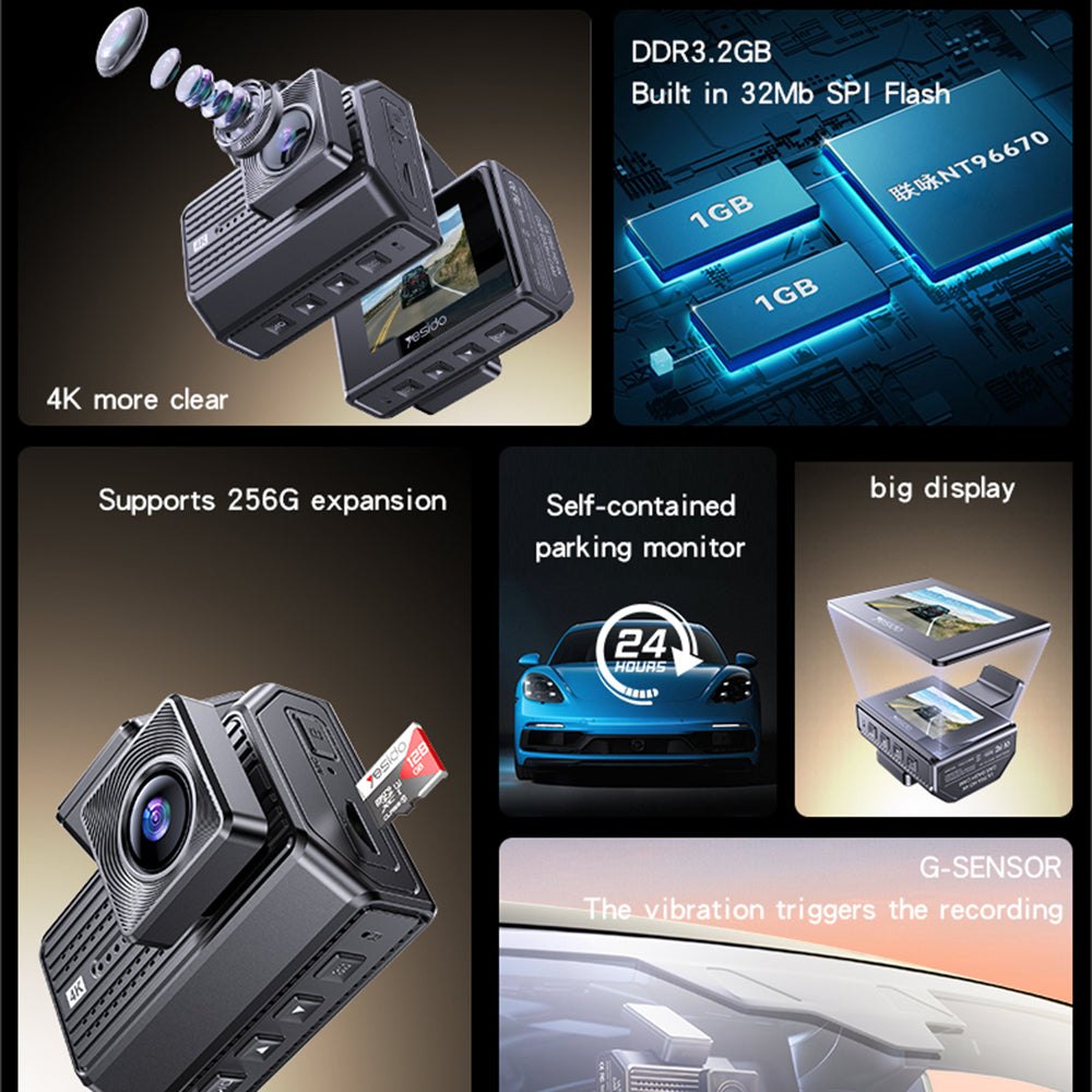 Yesido KM15 Front and Rear Car Camera, 4K, Wi-Fi, 2-inch Display