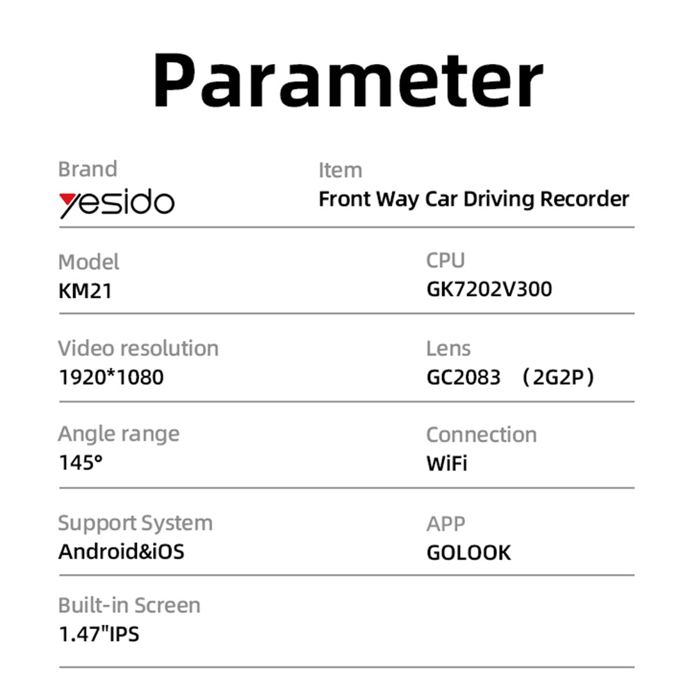 Yesido KM21 -autokamera, 1080P, Wi-Fi, 1.47 tuuman näyttö