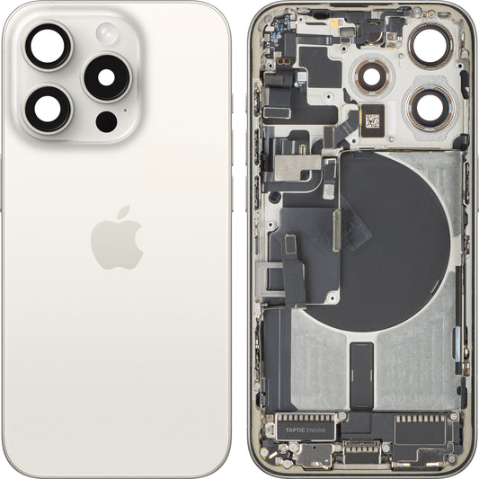 Apple iPhone 15 Pro akkukansi, keskikotelo mukana, täydelliset osat, valkoinen (White Titanium), vaihto