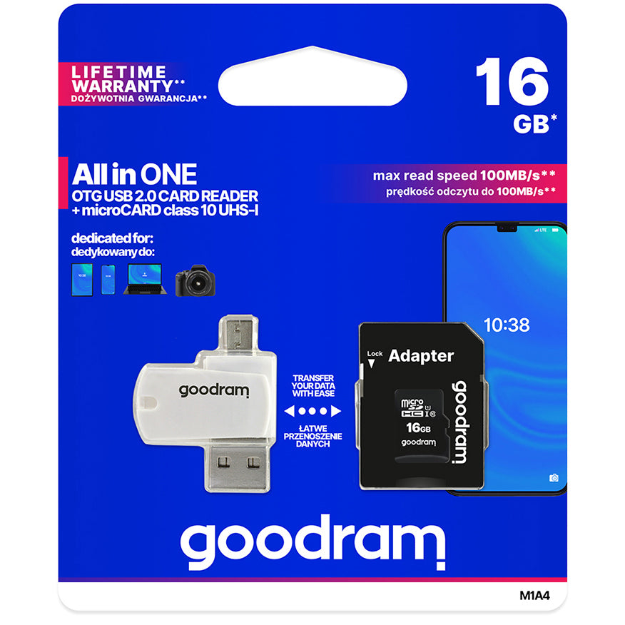 GoodRam microSDHC Memory Card, 16GB, Class 10 / UHS-1 U1, With Card Reader and Adapter M1A4-0160R12