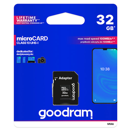 GoodRam microSDHC -muistikortti, 32 Gt, Luokka 10 / UHS-1 U1, sovittimella