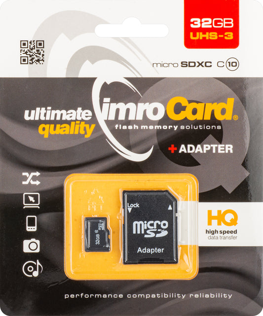 Imro microSDHC-muistikortti, 32 Gt, Luokka 10 / UHS-1 U3, sovittimella