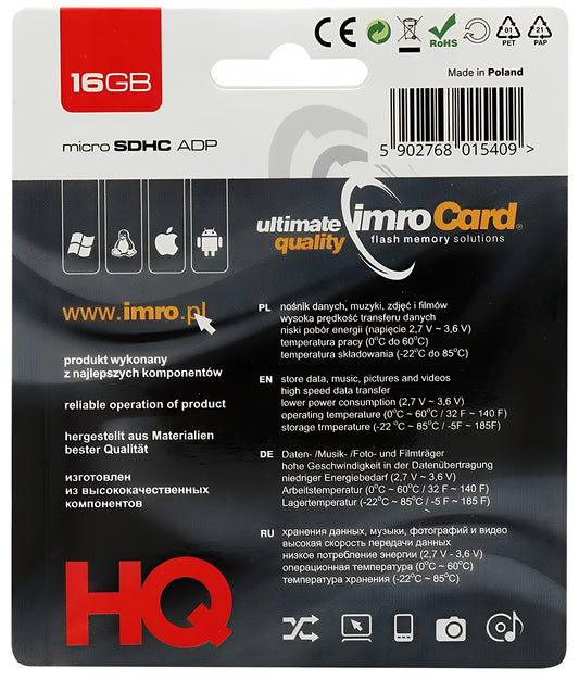 Muistikortti microSDHC Imro, 16Gb, Luokka 4, Sovittimen kanssa
