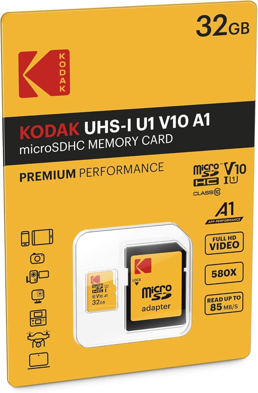 Kodak Premium Performance microSDHC-muistikortti, 32 Gt, Luokka 10 / UHS-1 U1, sovittimella EKMSDM32GHC10K