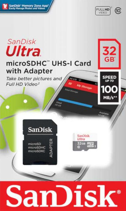 Muistikortti microSDHC SanDisk Ultra, 32Gb, Luokka 10, Sovittimella SDSQUNR-032G-GN3MA