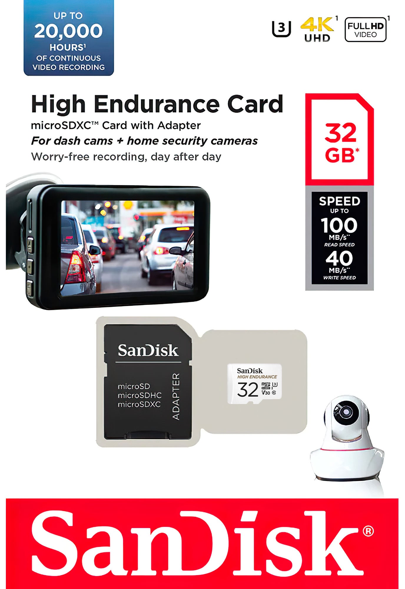 SanDisk High Endurance microSDHC -muistikortti, 32 Gt, Luokka 10 / UHS-1 U3, sovittimella SDSQQNR-032G-GN6IA