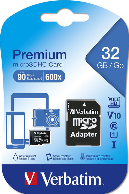 Verbatim microSDHC Memory Card, 32GB, Class 10 / UHS-1 U1, With Adapter
