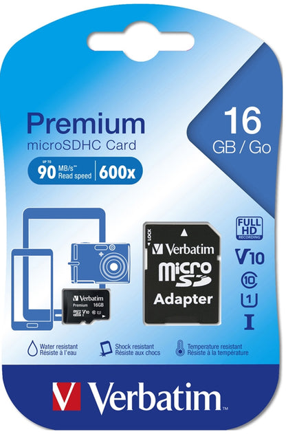 Verbatim microSDHC-muistikortti, 16 Gt, Luokka 10 / UHS-1 U1, sovittimella 44082