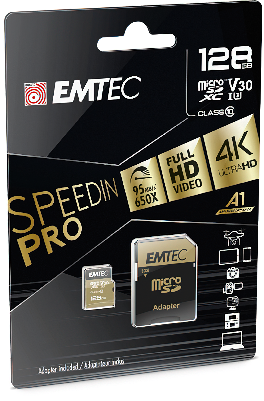 Emtec Speedin Pro Android A1 microSDXC -muistikortti, 128 Gt, Luokka 10 / UHS-1 U3, sovittimella ECMSDM128GXE