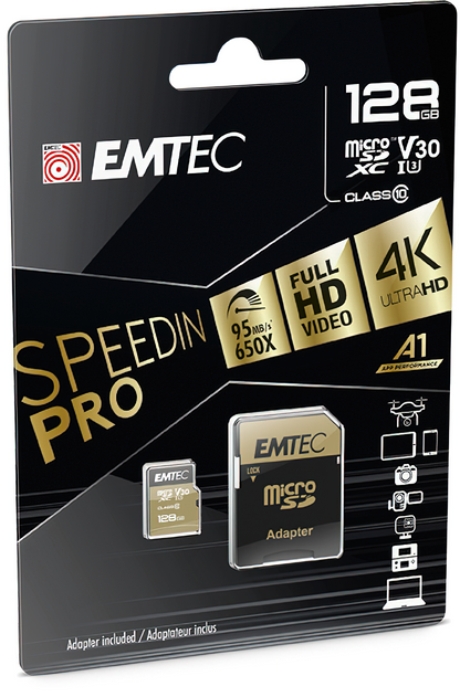 Emtec Speedin Pro Android A1 microSDXC -muistikortti, 128 Gt, Luokka 10 / UHS-1 U3, sovittimella ECMSDM128GXE
