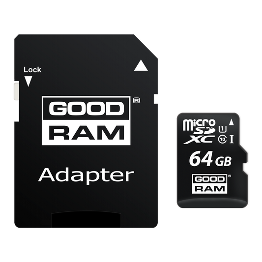 GoodRam microSDXC Memory Card, 64GB, Class 10 / UHS-1 U1, With Adapter M1AA-0640R12