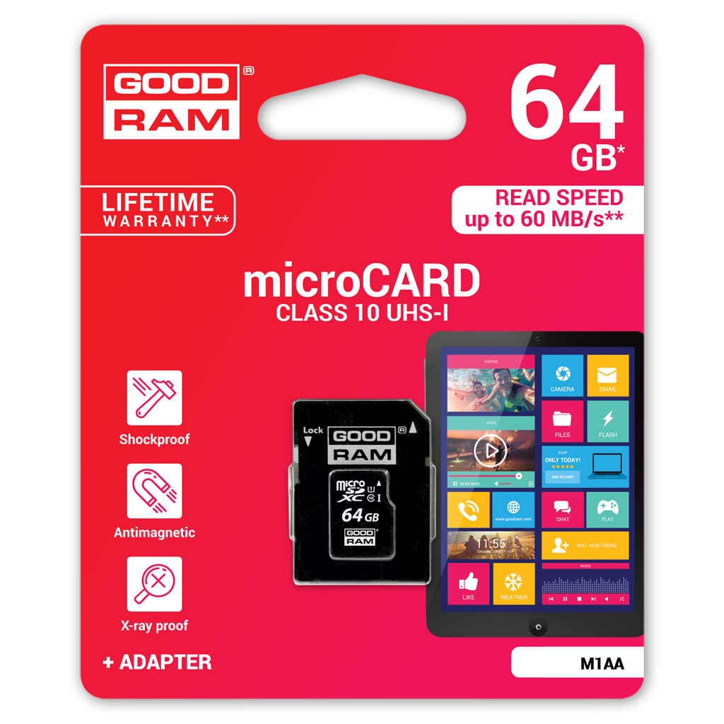 GoodRam microSDXC Memory Card, 64GB, Class 10 / UHS-1 U1, With Adapter M1AA-0640R12