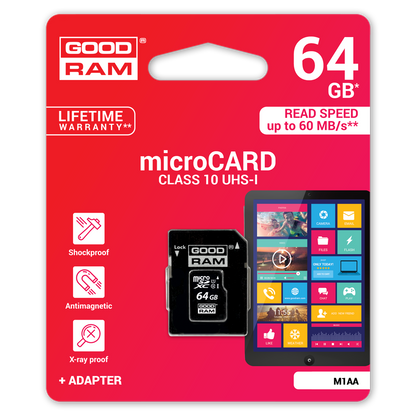 GoodRam microSDXC Memory Card, 64GB, Class 10 / UHS-1 U1, With Adapter M1AA-0640R12