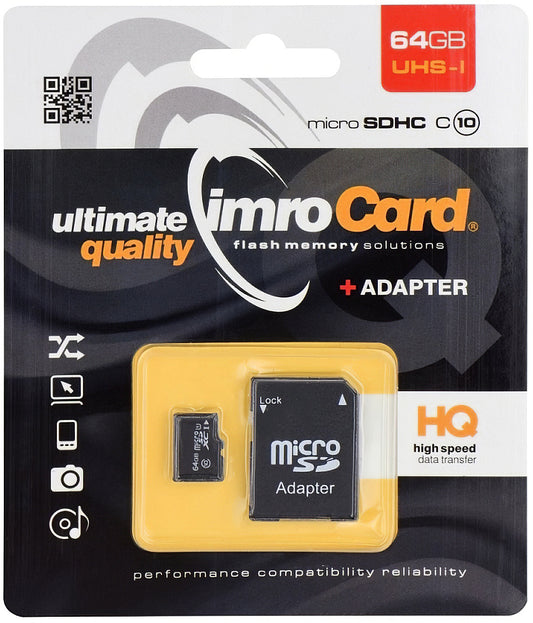 Imro microSDXC-muistikortti, 64Gt, Luokka 10 / UHS-1 U1, Sovittimella