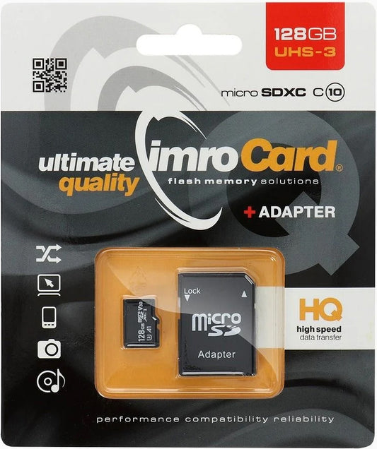 Imro microSDXC-muistikortti, 128 Gt, Luokka 10 / UHS-1 U3, sovittimen kanssa