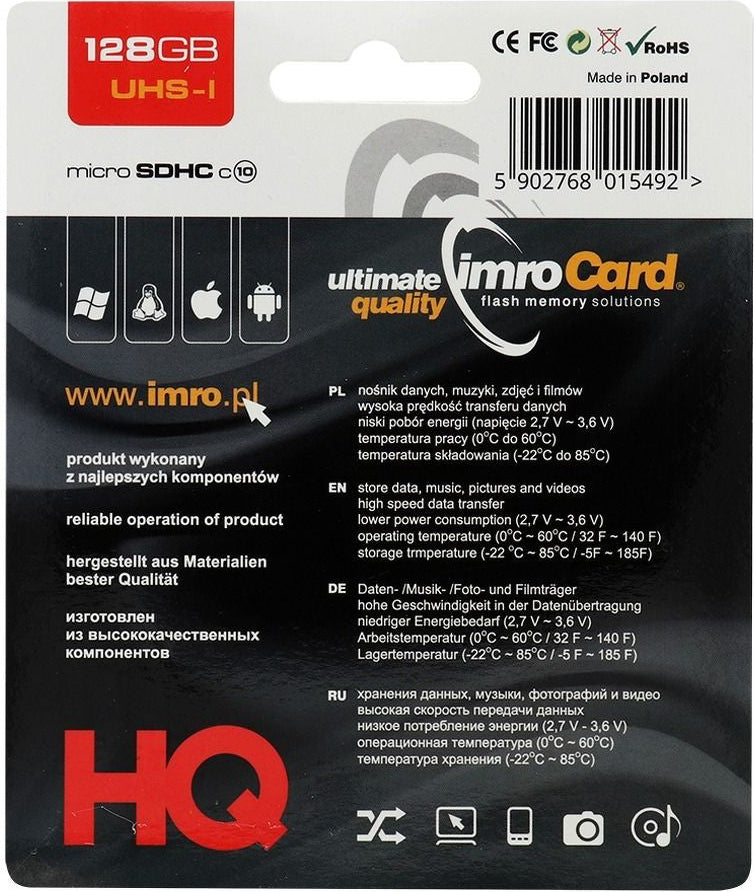 Muistikortti microSDXC Imro, 128Gb, Luokka 10 / UHS-1 U1, Sovittimen kanssa