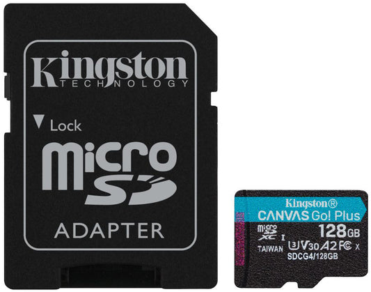 Kingston Canvas Go Plus Android A2 microSDXC-muistikortti, 128 Gt, Luokka 10 / UHS-1 U3, sovittimella SDCG4/128GB