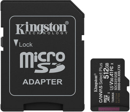 Kingston Canvas Select Plus Android A1 microSDXC-muistikortti, 512 Gt, Luokka 10 / UHS-1 U3, sovittimella SDCS3/512GB