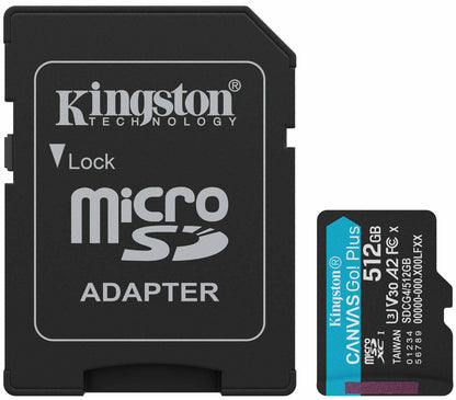 Kingston Canvas Go Plus Android A2 microSDXC-muistikortti, 512 Gt, Luokka 10 / UHS-1 U3, sovittimella SDCG4/512GB