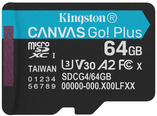 Kingston Canvas Go Plus microSDXC Memory Card Android A2, 64Gb, Class 10 / UHS-1 U3 SDCG4/64GBSP