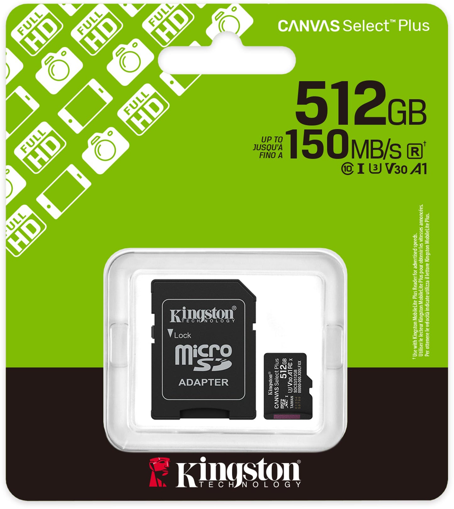 Kingston Canvas Select Plus Android A1 microSDXC-muistikortti, 512 Gt, Luokka 10 / UHS-1 U3, sovittimella SDCS3/512GB