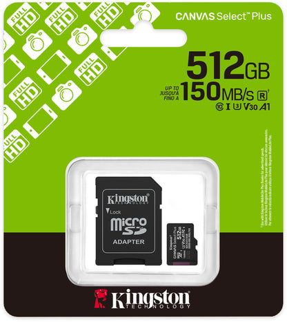 Kingston Canvas Select Plus Android A1 microSDXC-muistikortti, 512 Gt, Luokka 10 / UHS-1 U3, sovittimella SDCS3/512GB