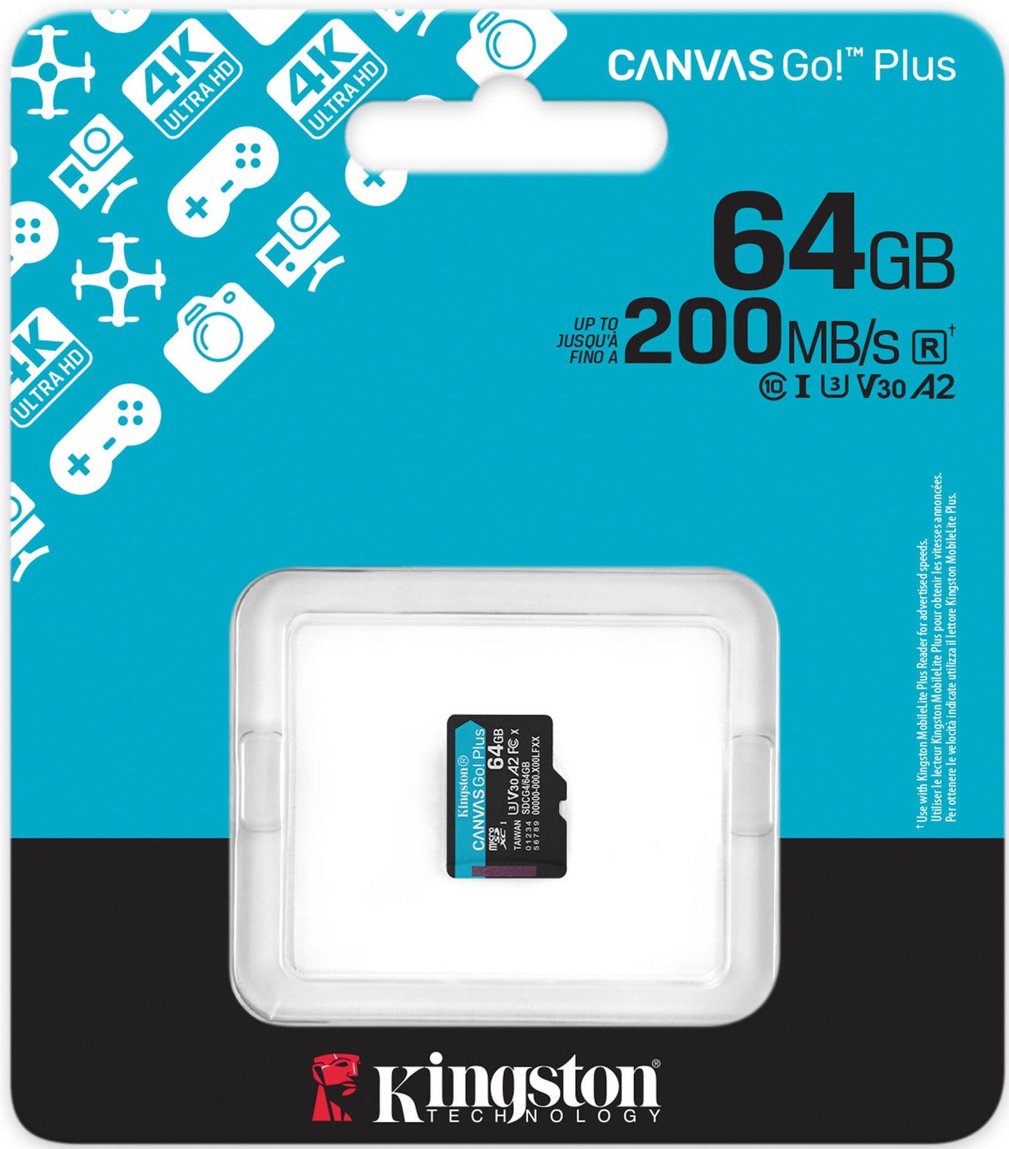 Kingston Canvas Go Plus microSDXC Memory Card Android A2, 64Gb, Class 10 / UHS-1 U3 SDCG4/64GBSP