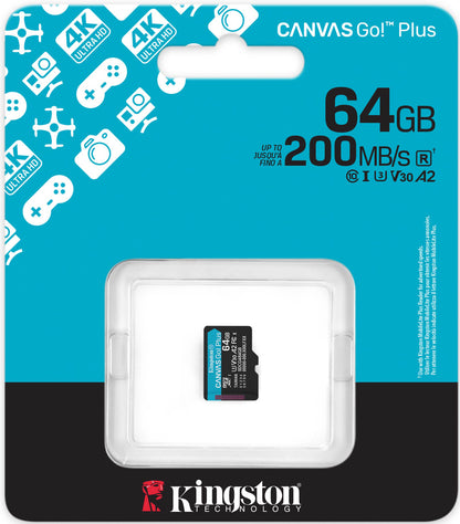 Kingston Canvas Go Plus microSDXC Memory Card Android A2, 64Gb, Class 10 / UHS-1 U3 SDCG4/64GBSP